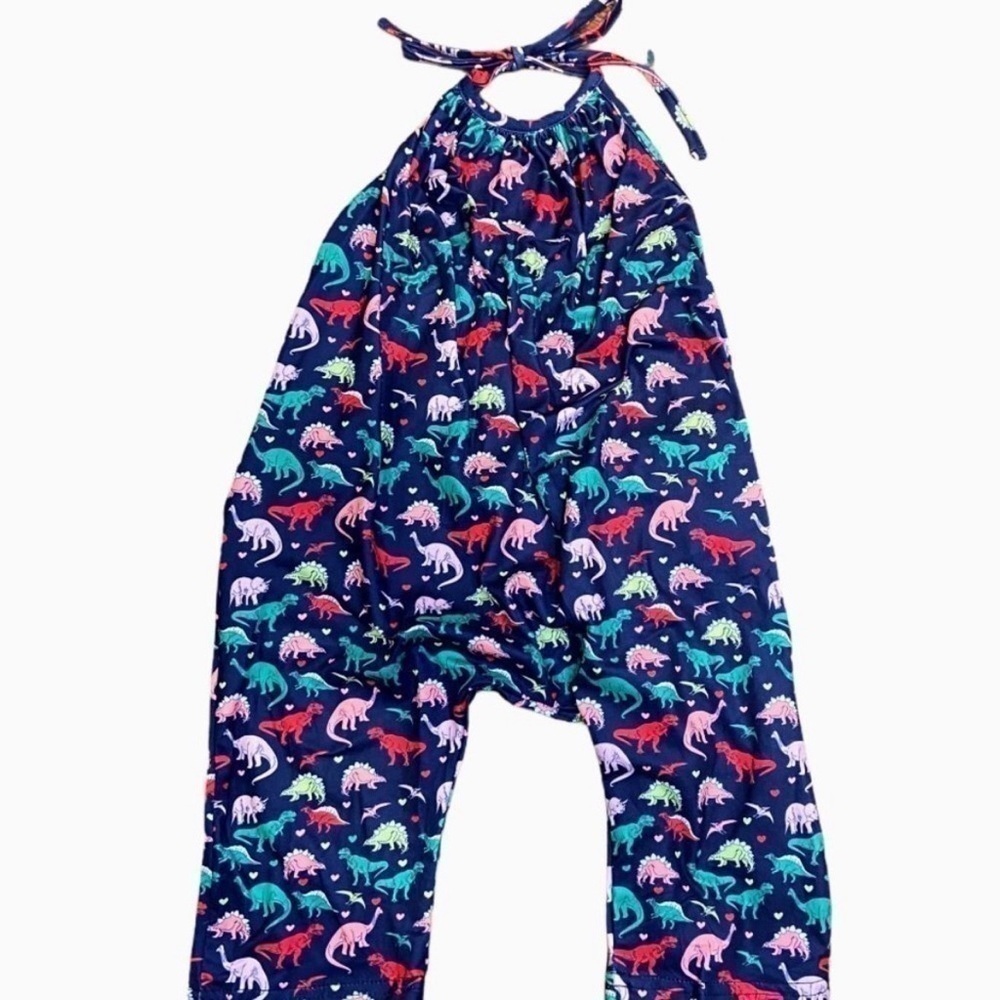 NWOT Dinosaur Romper Girls 2T Halter Backless Jumpsuit Pockets Soft Harem Pants
